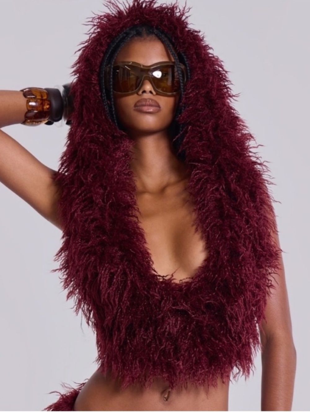 Jaded London NWT Feathery Faux Fur Backless Top with Hoodie Burgundy S/M
